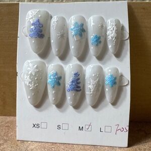 Winter Holiday Press On Nails Gray Almond Snowflakes Christmas Trees